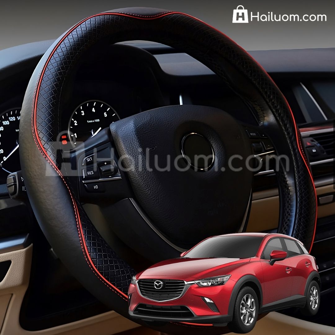 Bọc Vô Lăng ô tô cho MAZDA CX3 Da Thật Cao Cấp - Màu Đen Chỉ Đỏ