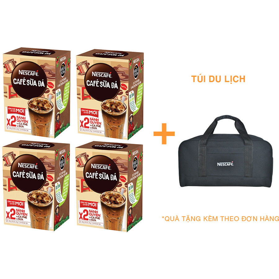 Combo 4 hộp cà phê hòa tan Nescafé 3in1 cà phê sữa đá (Hộp 10 gói x 24g) [Tặng túi du lịch - màu ngẫu nhiên]