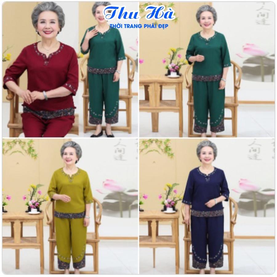 Đồ bộ mặc nhà tay lỡ cho mẹ quần áo trung niên Thu Hà họa tiết thêu hoa chất liệu cotton co giãn form thoải mái ĐBH.21