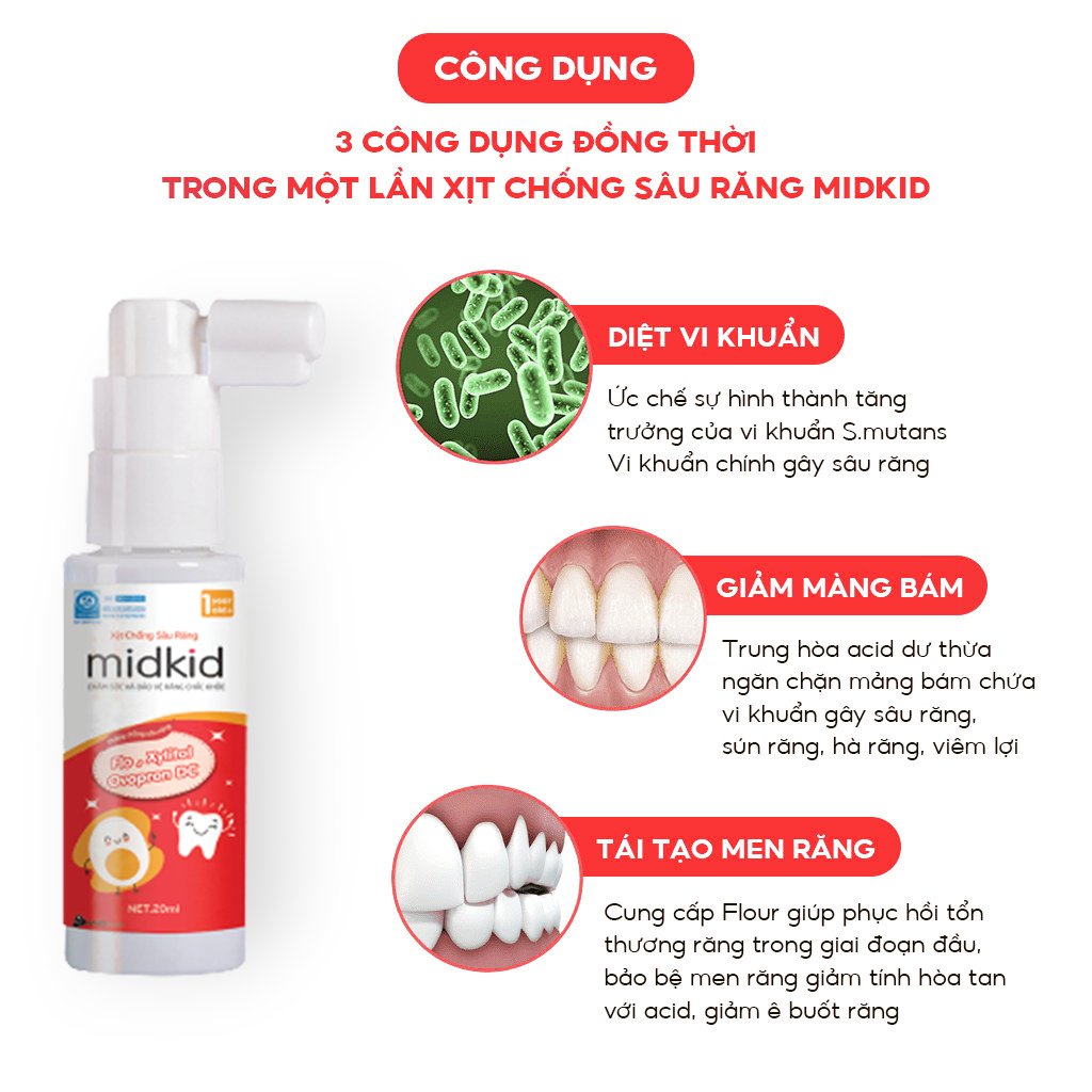 Xịt chống sâu răng MIDKID vị táo đỏ cho bé từ 1 tuổi giúp làm sạch và bảo vệ men răng, ngăn ngừa mảng bám ố vàng, hà mủn