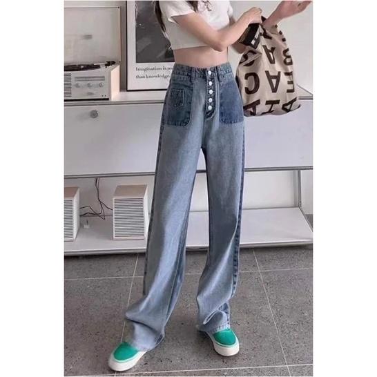 Quần jeans nữ ống rộng phối nút hot trend