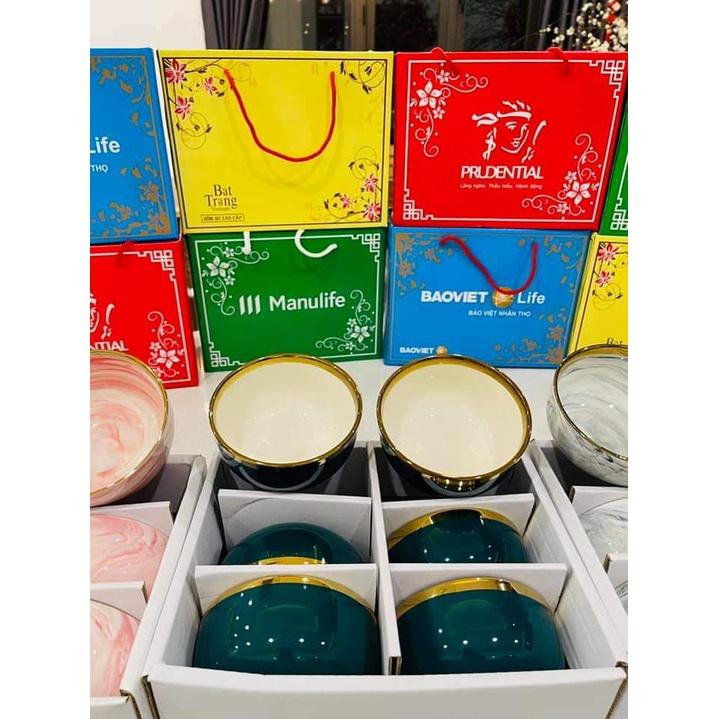 Bộ 6 bát sứ xanh viền vàng cao cấp kèm đũa