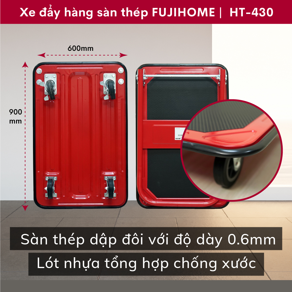 Xe đẩy hàng sàn thép FUJIHOME HT-430 4 bánh tải trọng 300kg, Công nghệ Nhật Bản, xuất xứ chính hãng