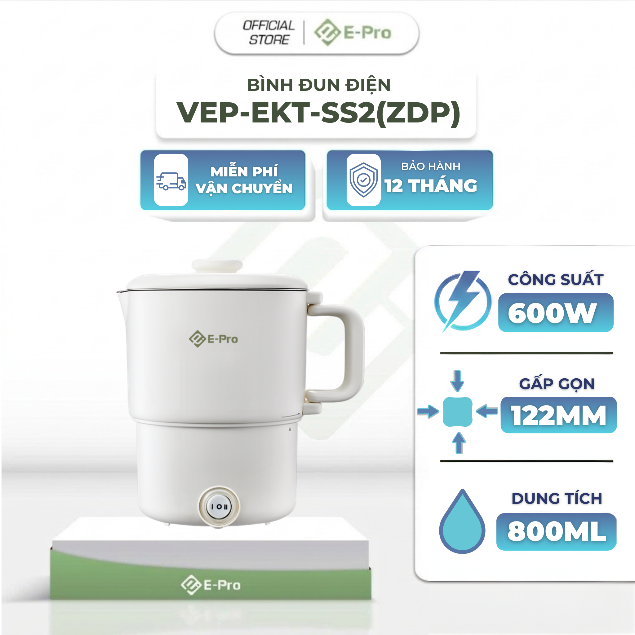 Bình đun điện E-pro - Đun sôi và giữ ấm - 800ml - 600W