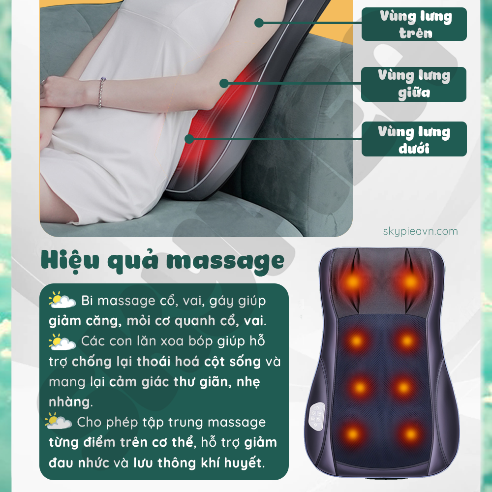 Gối massage hồng ngoại - SKYPIEA - model 2022 SK-2213 - đầu mát-xa cải tiển, con lăn 4D - đệm massage toàn thân