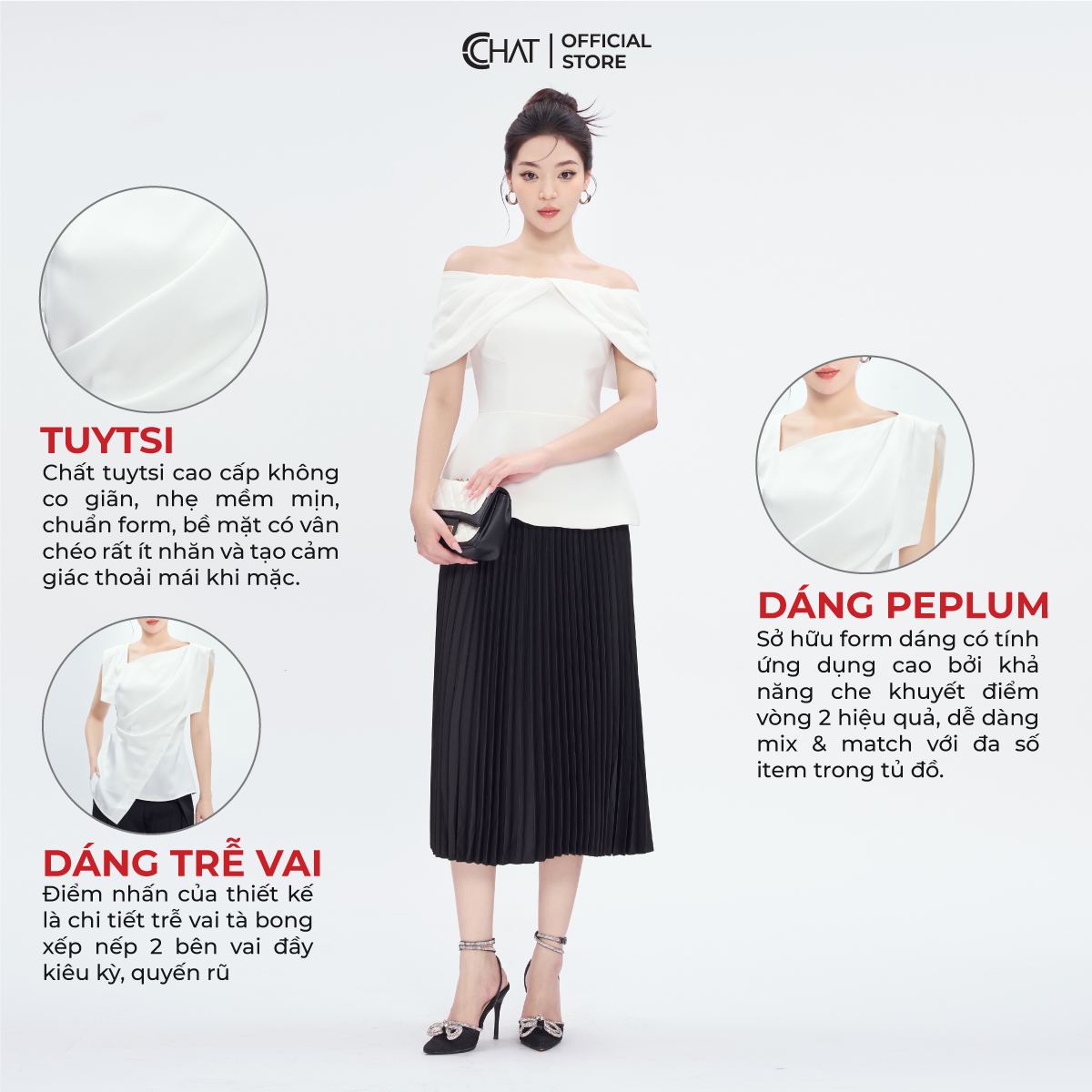 Áo Kiểu Nữ  Dáng Peplum Trễ Vai Xếp Nếp Chất Tuytsi Cao Cấp 53ANS2018PT