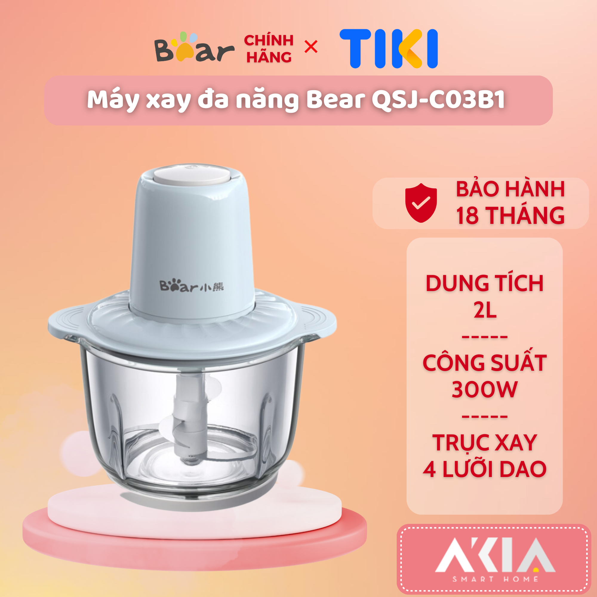 Máy xay thịt 2L Bear QSJ-C03B1, trục 4 lưỡi dao inox, công suất 300W, làm nhuyễn tỏi, ớt - HÀNG CHÍNH HÃNG