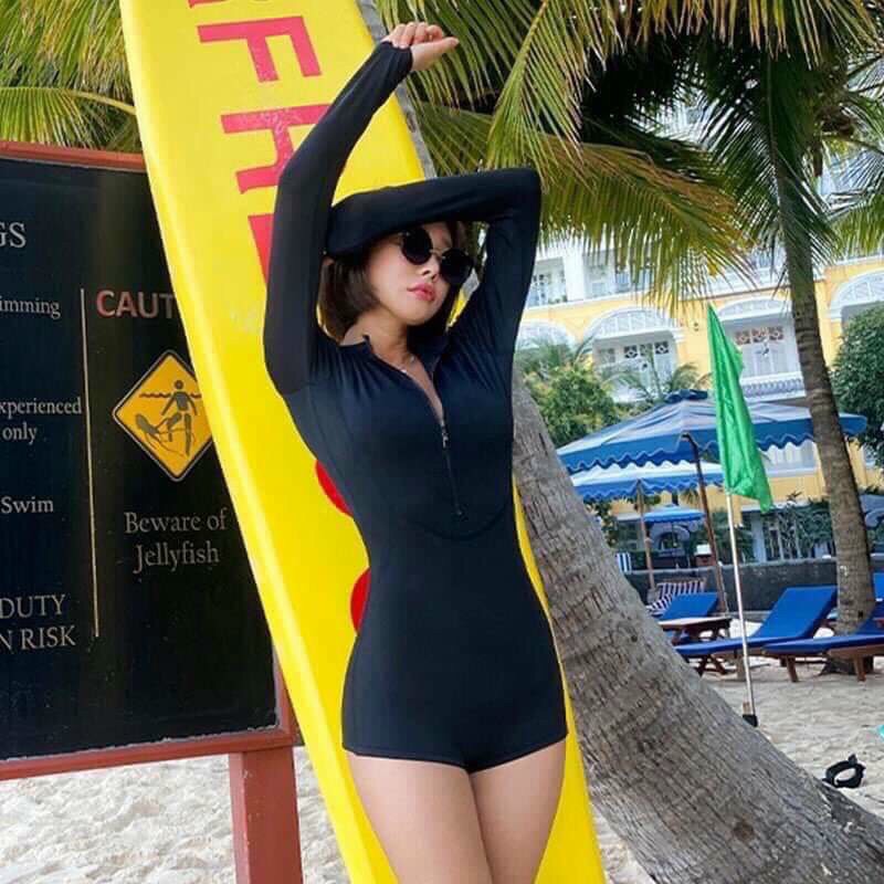 Bikini Đồ bơi nữ có tay khóa kéo màu ĐEN FORM SHORT sành điệu kín đáo co dãn thoải mái