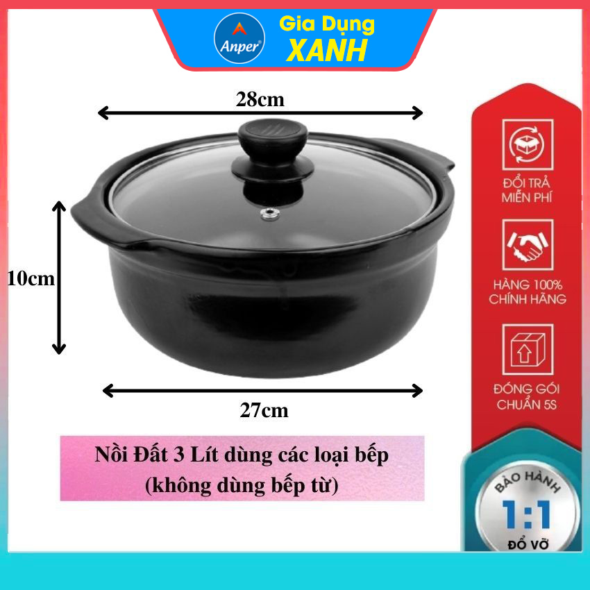 Nồi đất  ANPER  Loại 1 Size 0.5L 1L 1.5L 2L 3L  Chống Dính Chịu Nhiệt nồi đất kho thịt nồi đất kho cá (Ko Dùng Bếp Từ) nồi đất kho tộ nồi đất nấu mì cay nồi đất hàn quốc hotpot nồi đất nung&quot;