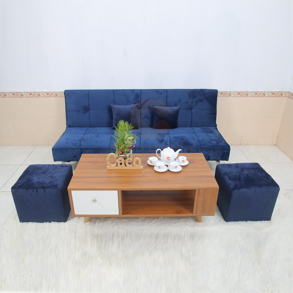 BỘ BÀN GHẾ SOFA BED CACO MÀU NHUNG XANH DƯƠNG 