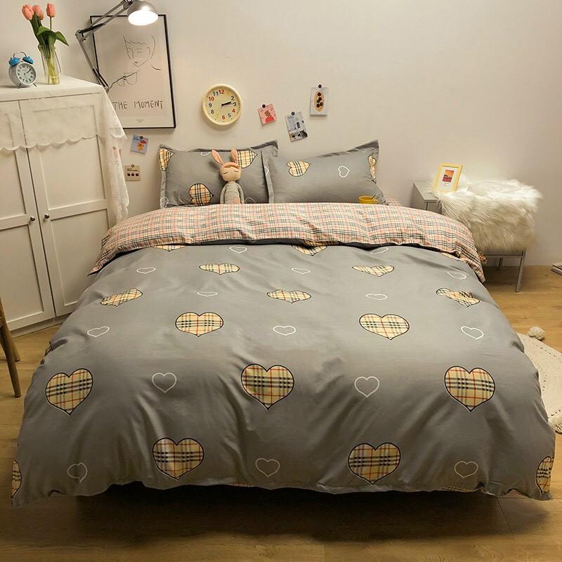 Bộ chăn ga gối Cotton Poly M2T bedding Tim kẻ xám, vpr chăn mền, drap giường và 2 vỏ gối