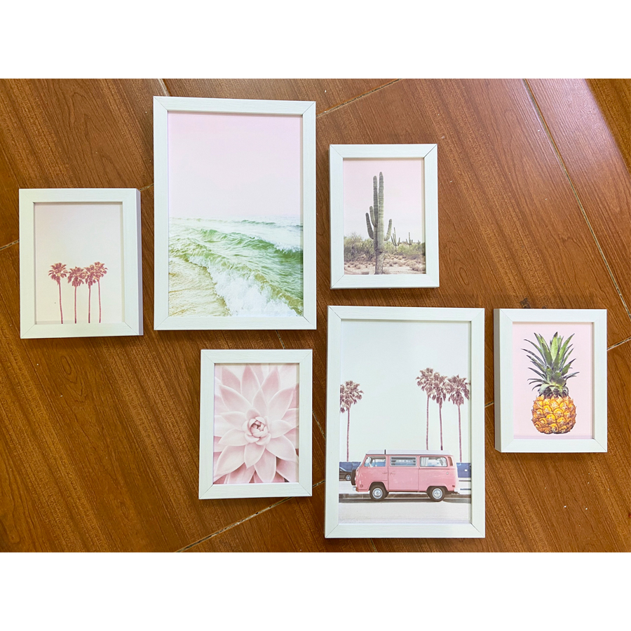 Bộ khung 06 tranh phong cảnh tông màu hồng pastel treo tường, trang trí  phòng khách, phòng ngủ - Tặng set đinh treo tranh chuyên dụng và khung bo ngoài màu trắng