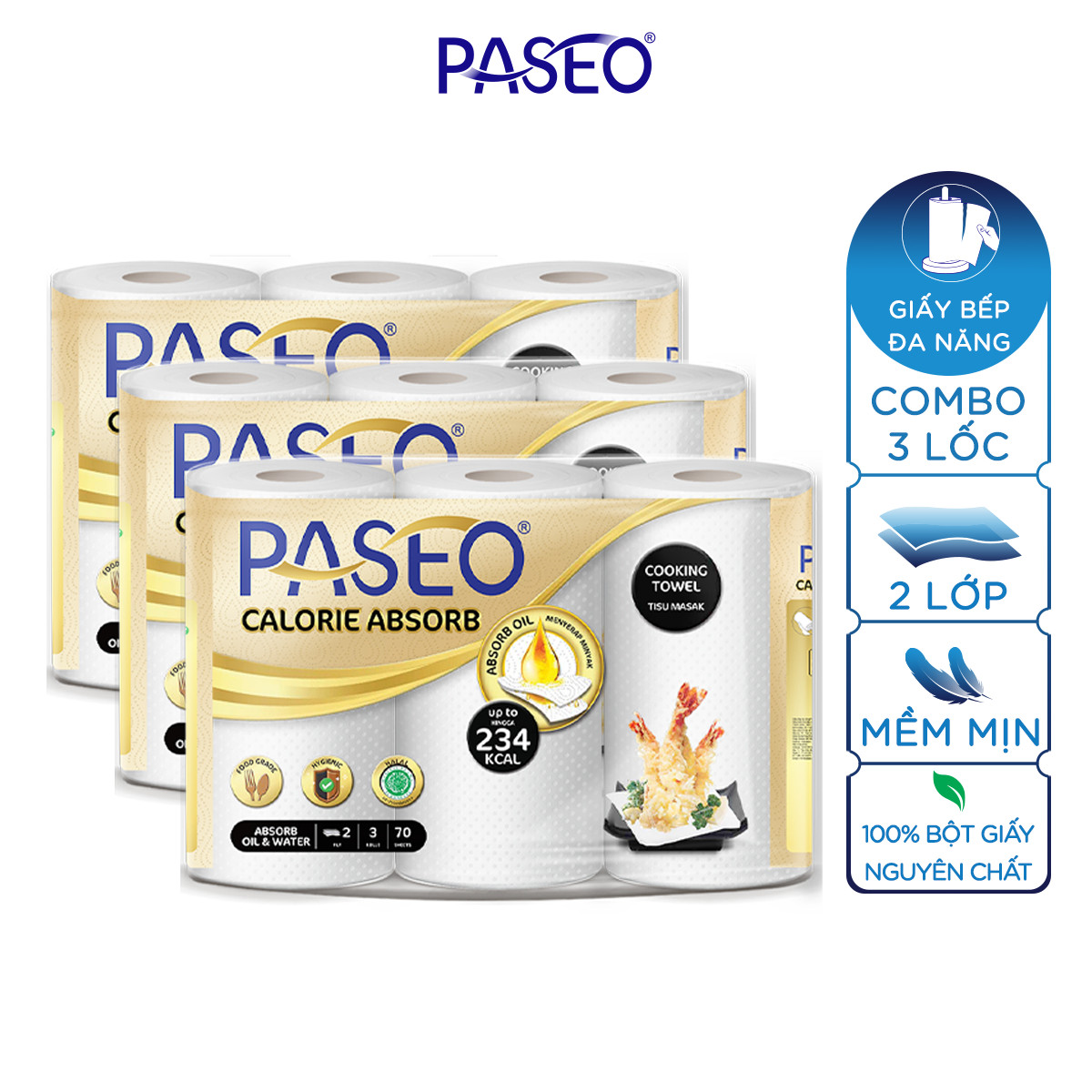 Combo 3 lốc giấy bếp đa năng cao cấp Paseo Calorie Absorb lau dầu mỡ, thấm hút nhanh (3 cuộn 2 lớp)/lốc