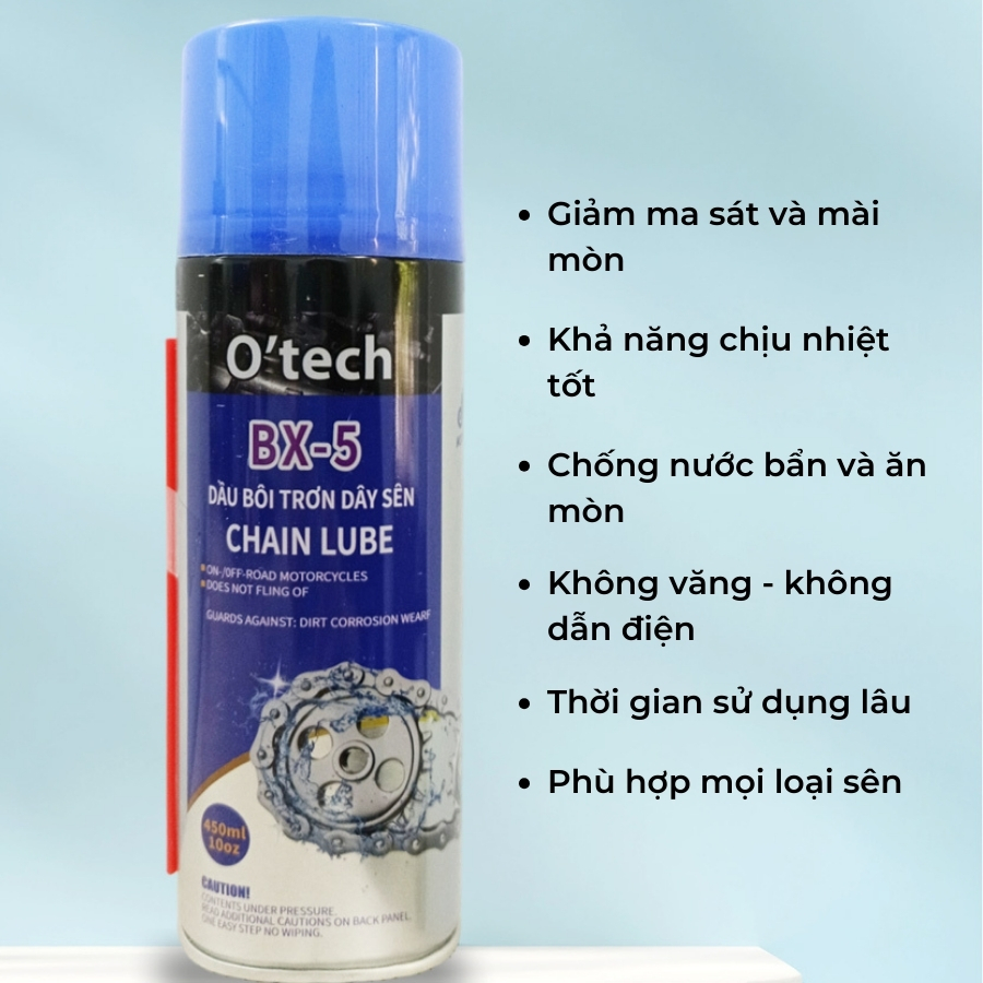 Dưỡng Sên Xe Máy - Bôi Trơn Chi Tiết Cơ Khí - Vệ Sinh Nhông Xích Xe Đạp O'tech BX-5 450ml Chính Hãng