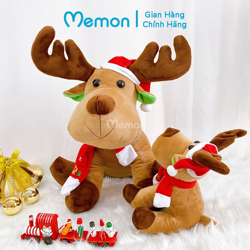 Gấu Bông Tuần Lộc Ngồi Đội Mũ Noel Cao Cấp Memon, Gấu Bông Giáng Sinh Dễ Thương