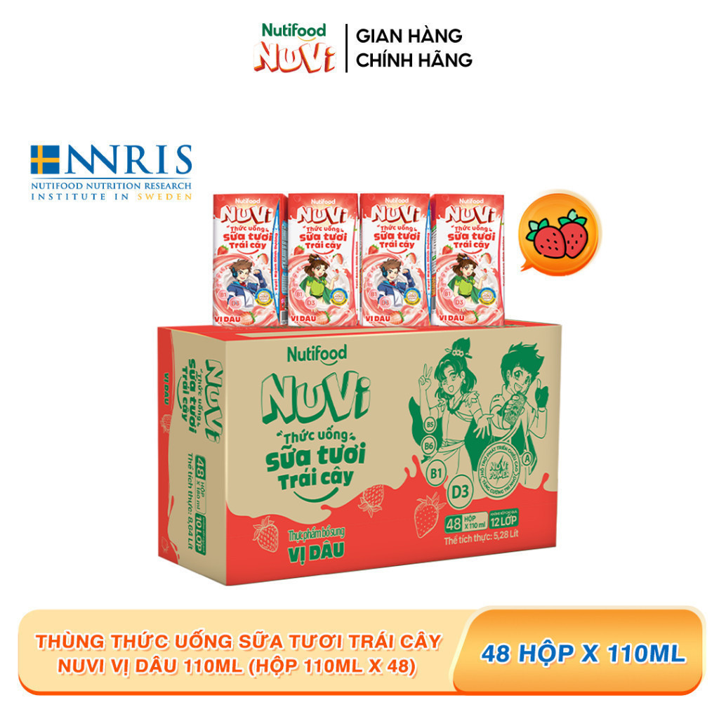 Thùng 48 hộp Thức Uống Sữa Tươi Trái Cây Tươi Nuvi Vị Dâu 110ml - Tăng Cường Chiều Cao, Phát Triển Trí Não