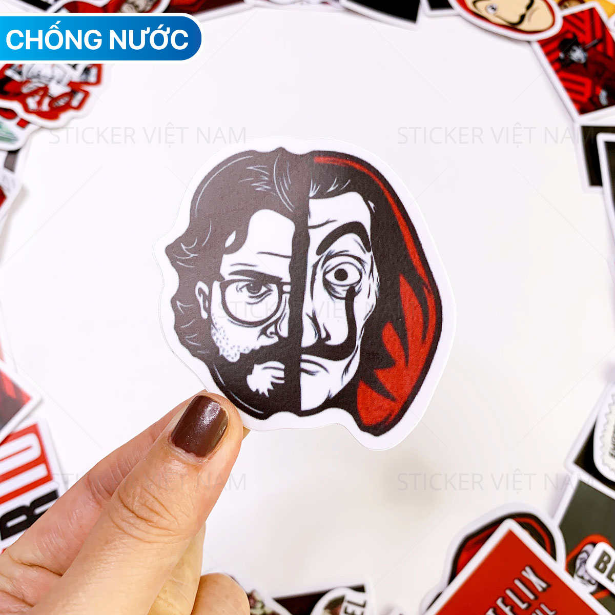 Sticker Money Heist - Phi Vụ Triệu Đô - Chất Liệu PVC Chất Lượng Cao Chống Nước - Kích Thước 4-8cm