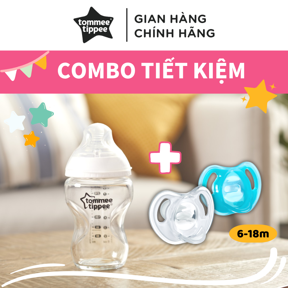 COMBO Bình sữa thủy tinh ty siêu mềm tự nhiên Tommee Tippee Closer to Nature 250ml &amp; Ty ngậm silicon siêu nhẹ cho bé Tommee Tippee Ultra Light 6-18 tháng (vỉ đôi) - Xanh dương/Trắng