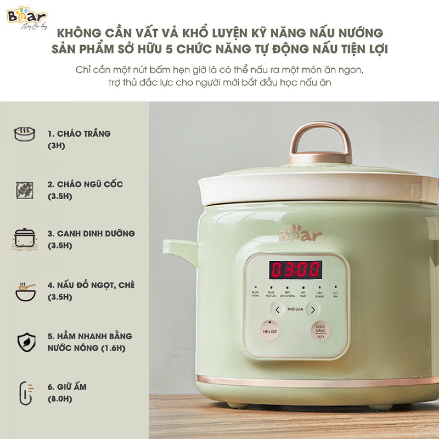 Nồi Chưng Yến Nấu Cháo Kho Cá Bear SB-NNC20 - Bản Tiếng Việt Dung Tích 2 Lít Công Suất 175 W - Hàng Chính Hãng