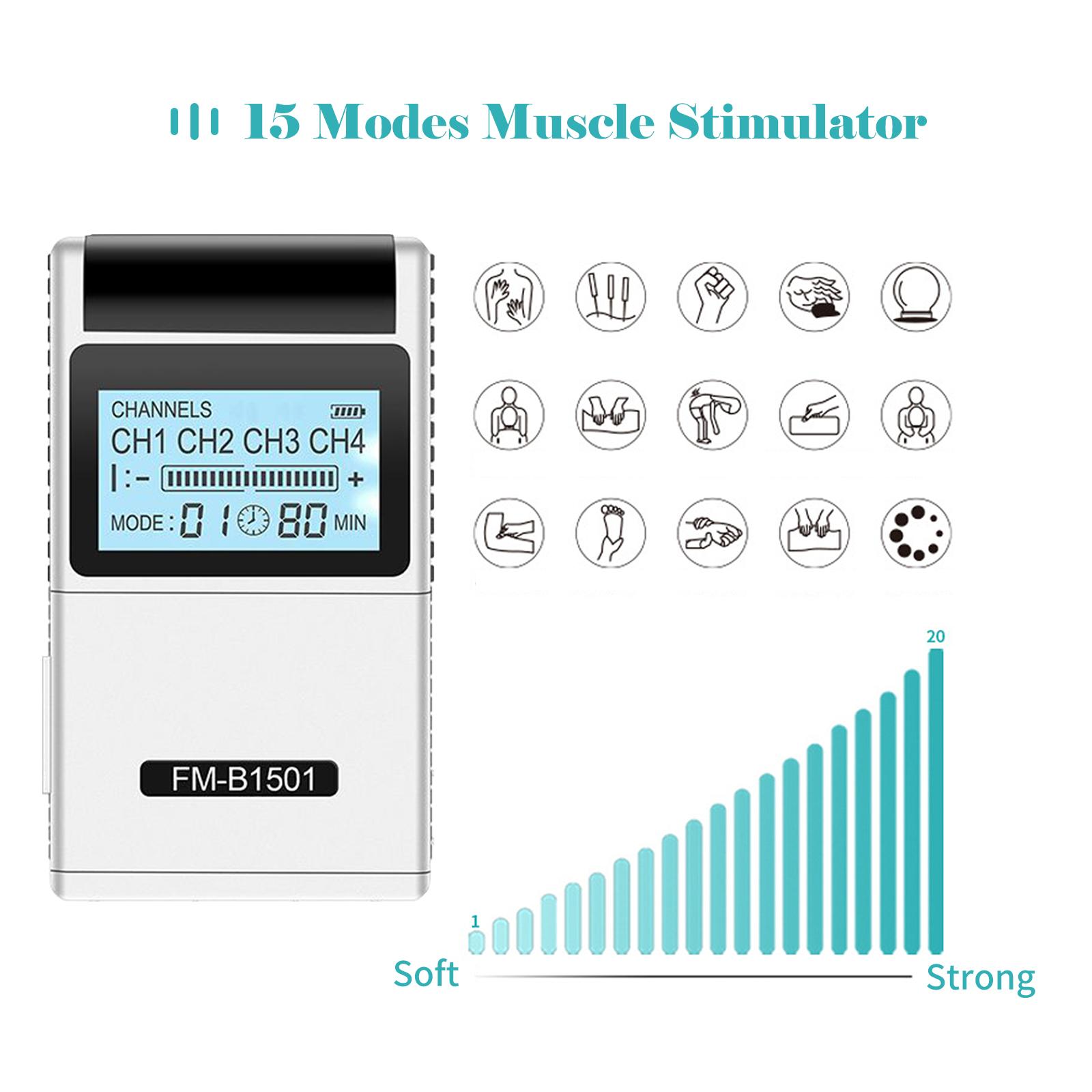 TENS EMS Muscle Stimulator 15 Modes&4 Outputs 8 Pad for Natural Pain Relief Electric Pulse Impulse Mini Massager Machine