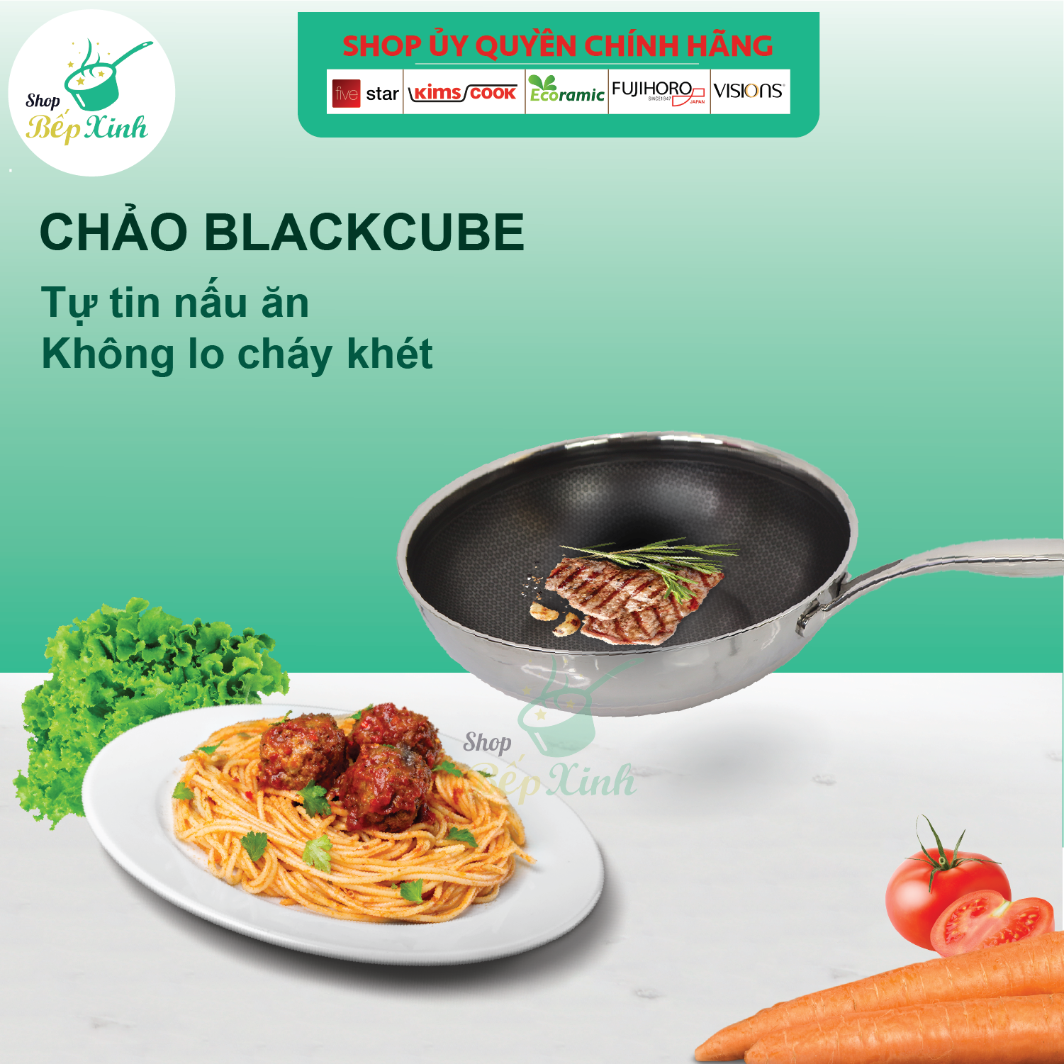 Chảo chống dính sâu lòng Kims Cook Blackcube inox 3 lớp đúc liền đáy từ , Tặng 1 sạn inox