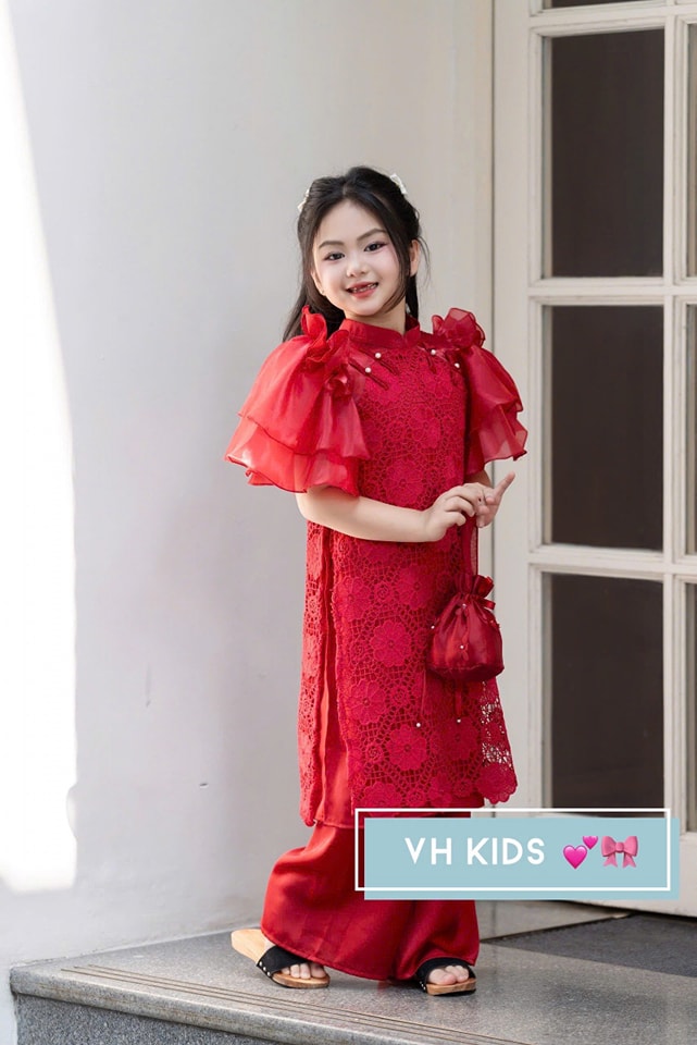 Bộ áo dài tết cho bé gái mẫu viên hy mùa xuân xinh xắn từ 12-40kg hàng thiết kế cao cấp