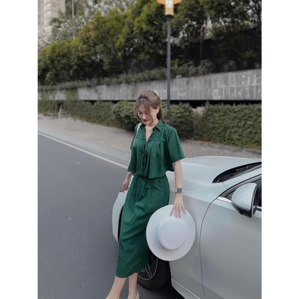 (HÀNG QC L1) SET ÁO CROPTOP TAY NGẮN FROM RỘNG XẾP LY CỘT NƠ MIX CHÂN VÁY DÀI XẺ SAU CỰC HOT CHO CÁC NÀNG SANG CHẢNH - Xanh lá đậm