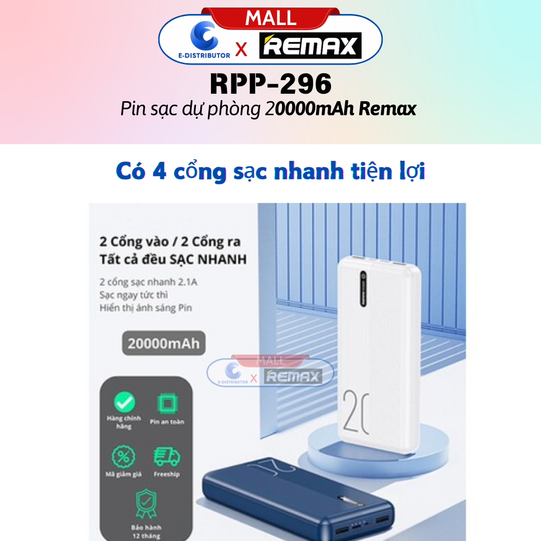 Sạc dự phòng Remax 20000mAh RPP-296 - Hàng Chính Hãng - Bảo Hành 12 Tháng