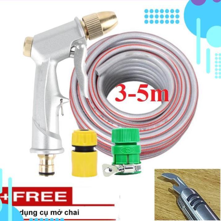 Bộ dây vòi xịt nước rửa xe,tưới cây ,tăng áp 3 lần,loại 3m,5m 206701 đầu đồng,cút nối nhựa vàng+ mở chai