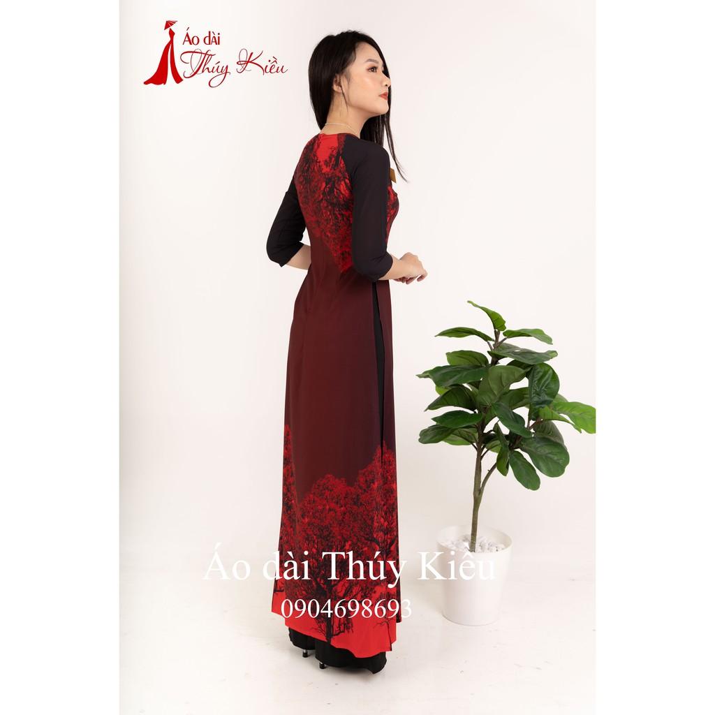 Áo dài Thúy Kiều in 3D lụa Nhật đỏ thẩm K50