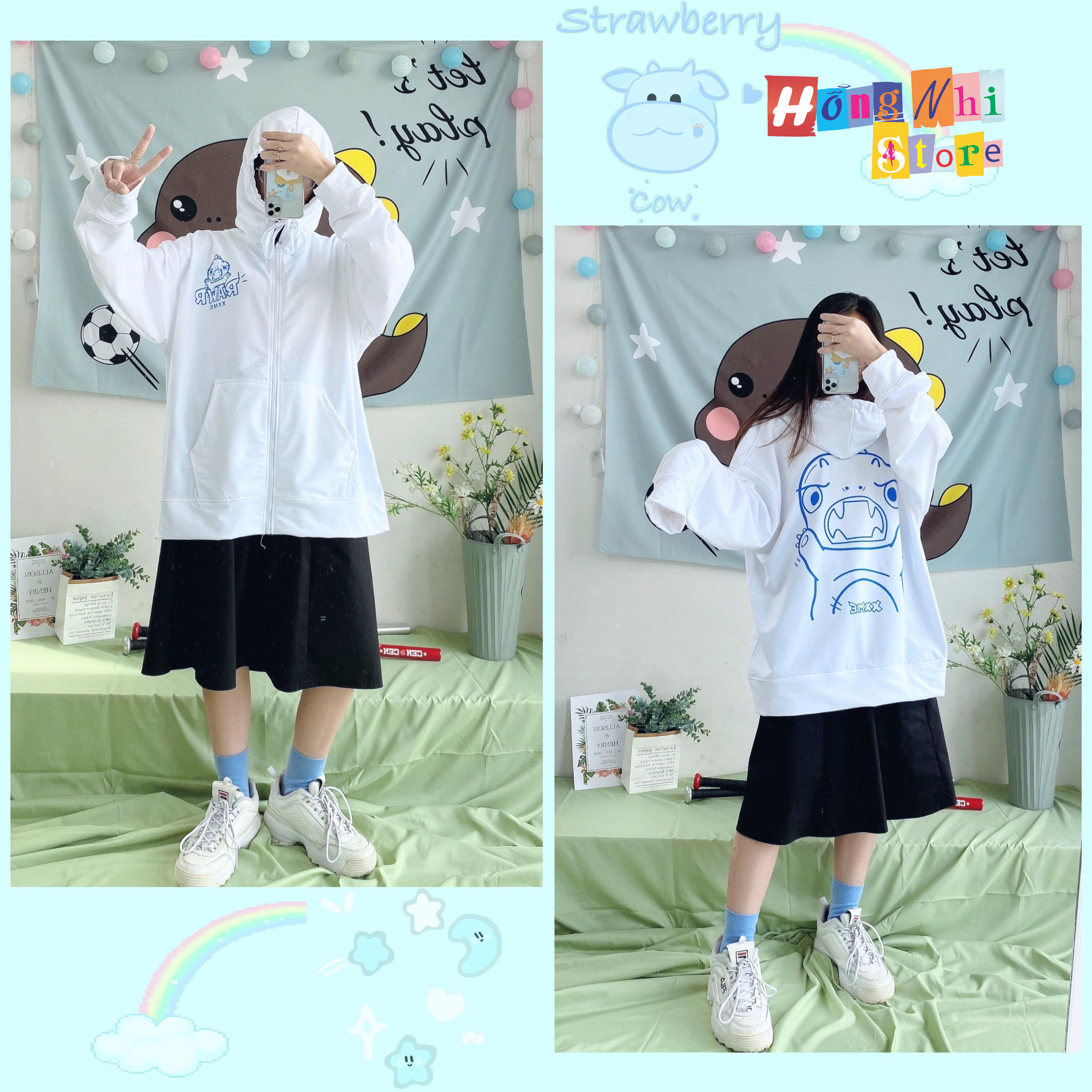 Áo Hoodie Zip In Hình Dáng Rộng - Khoác Hoodie Dây Kéo In Hình Unisex - MM