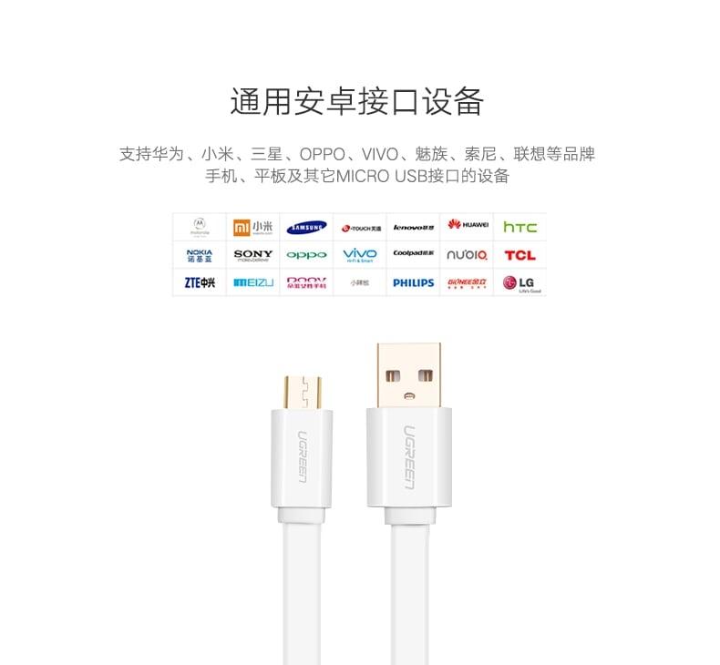 Ugreen UG30681US118TK 1M màu Trắng Cáp sạc truyền dữ liệu USB 2.0 sang MICRO USB dáng dẹt - HÀNG CHÍNH HÃNG