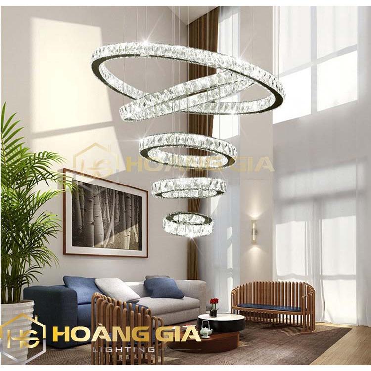 Đèn Thả Trần Đèn Thả Phòng Khách 5 Vòng Pha Lê Trang Trí Hiện Đại Kèm Điều Khiển Từ Xa