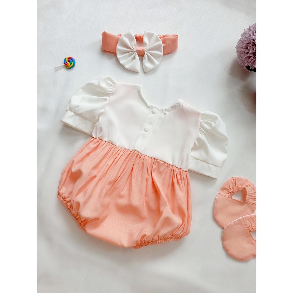 Body em bé gái sơ sinh Tặng kèm nón và giày vải Đũi lạnh cam phối lụa trắng Nau Baby Closet Quà Đầy tháng Thôi nôi