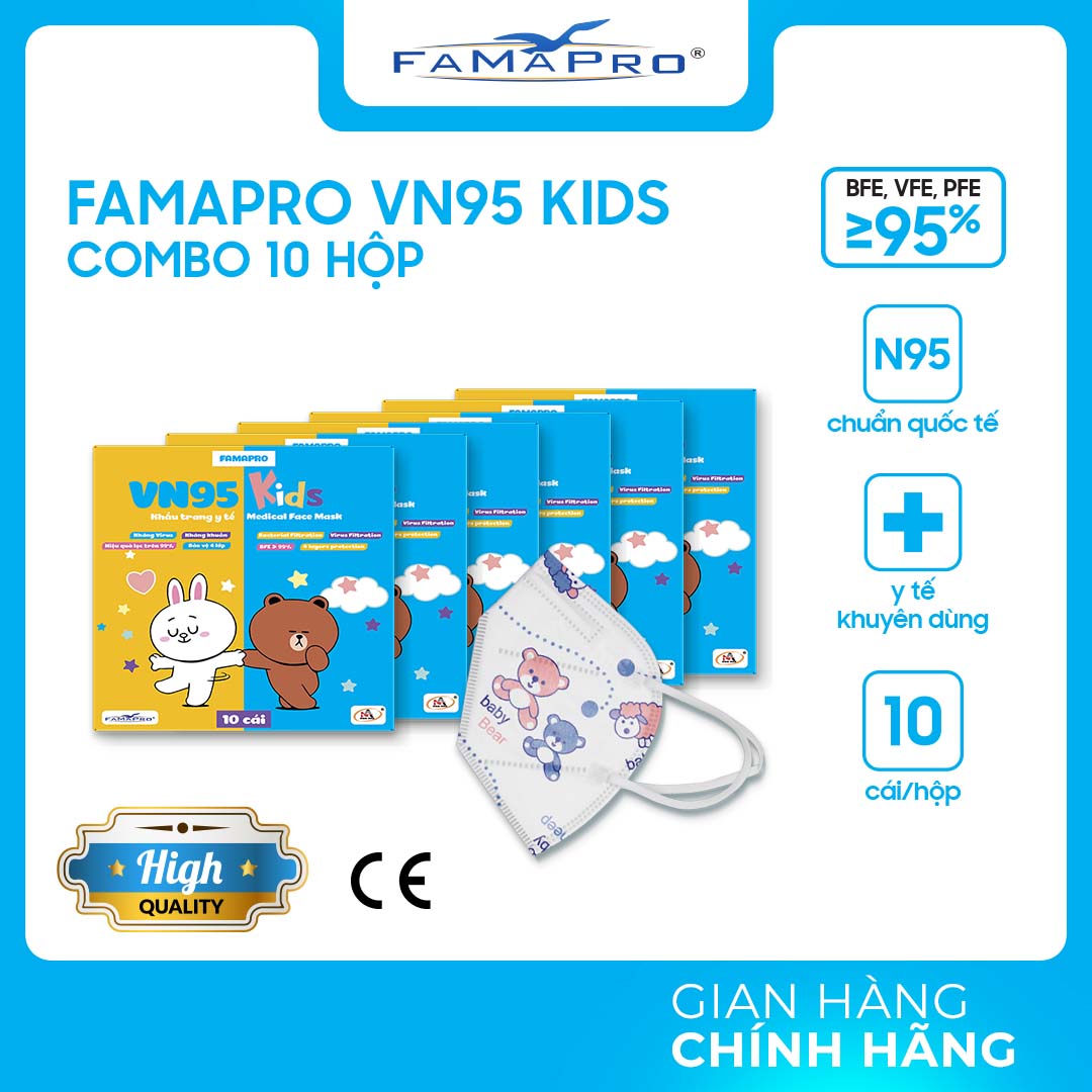 HỘP – FAMAPRO VN95 KIDS – Khẩu trang y tế trẻ em kháng khuẩn 4 lớp Famapro VN95 KIDS đạt chuẩn N95 10 cái hộp – GẤU XANH – COMBO 10 HỘP