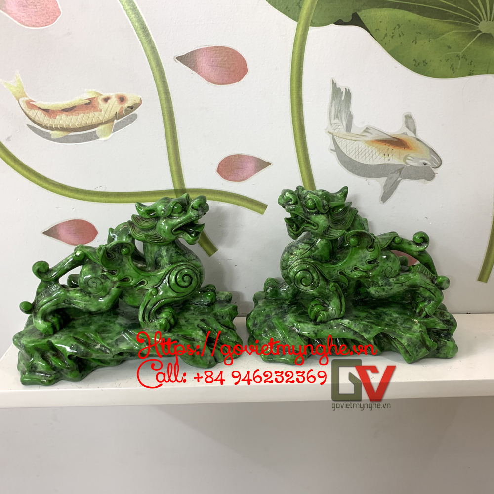 Cặp 2 Tượng Đá Trang Trí Tỳ Hưu Phong Thủy - Dài 20cm x Cao 15cm - Màu Xanh Lục Bích
