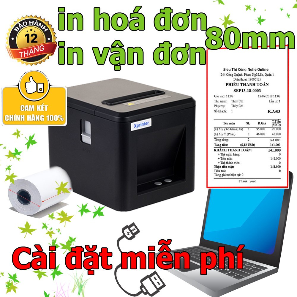 Máy in hoá đơn, vận đơn Xprinter XP-T80U  kết nối cổng USB in từ máy tính , in khổ rộng tối đa 80mm, cắt giấy tự động sau in,mẫu mới nhất năm nay (hàng chính hãng)