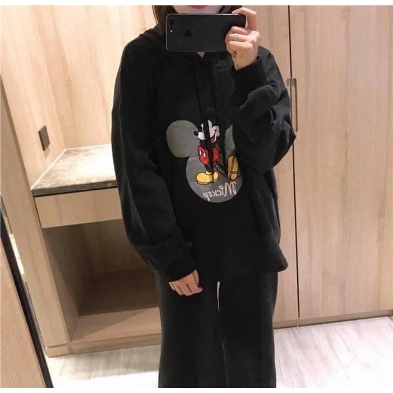 BỘ NỈ BÔNG HOODIE MŨ DÁNG SUÔNG MICKEY
