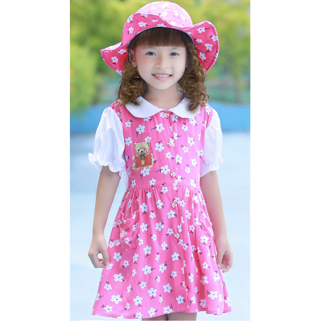 Bộ váy kèm mũ trẻ em hoa cúc màu hồng EK-06