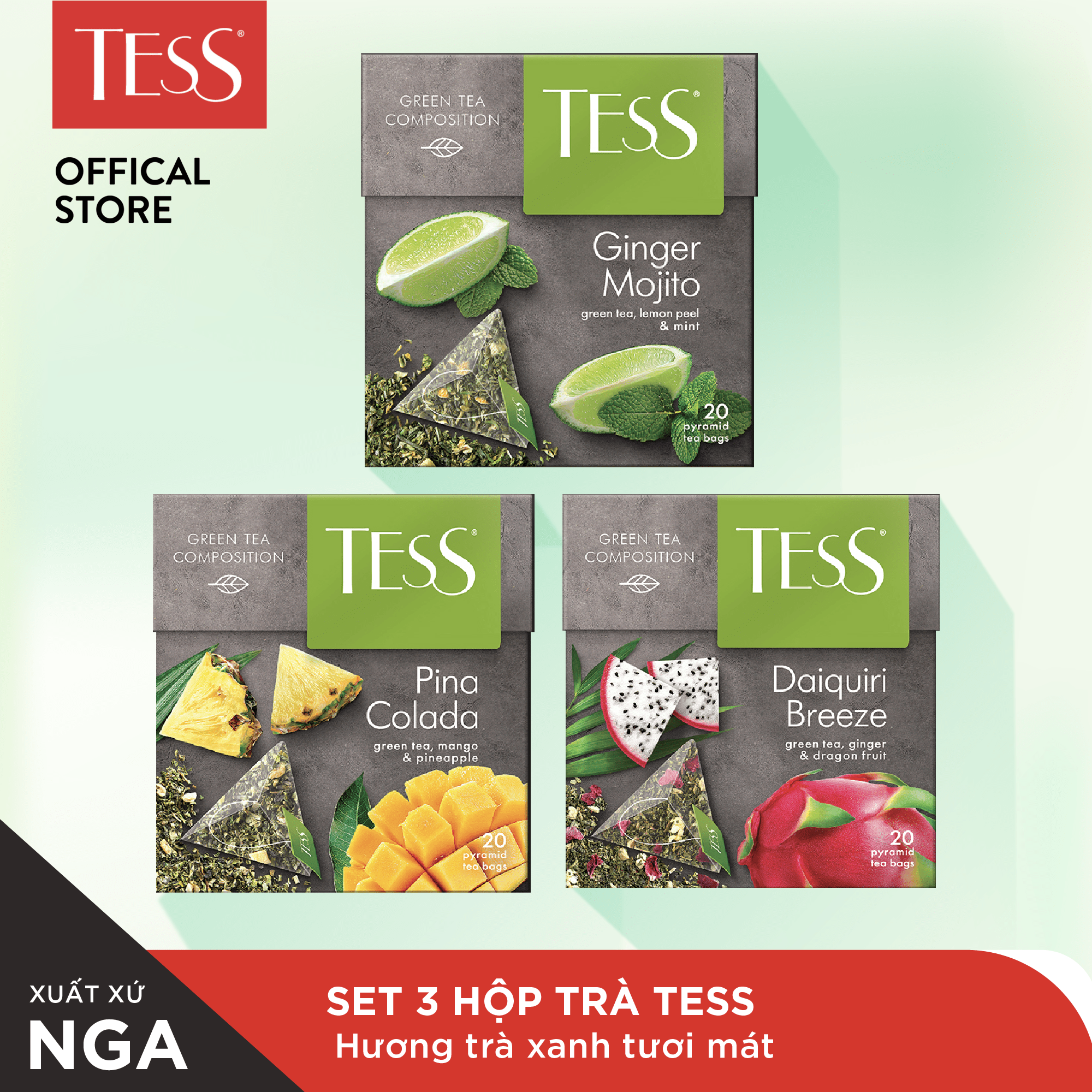 Set 3 hộp trà Tess Green Tea trà xanh tươi mát 20 gói/hộp