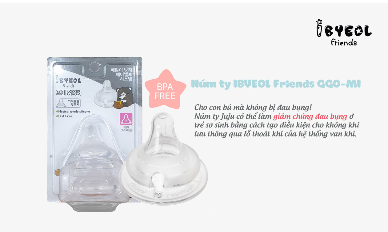 Núm ti cho bé IBYEOL Friends Ggo-Mi 5 giai đoạn cho bé sơ sinh - 24 tháng (chính hãng Hàn Quốc)