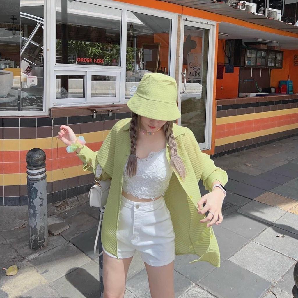 Sét 3 món áo sơmi phom dài + áo bra ren và quần sooc ngắn