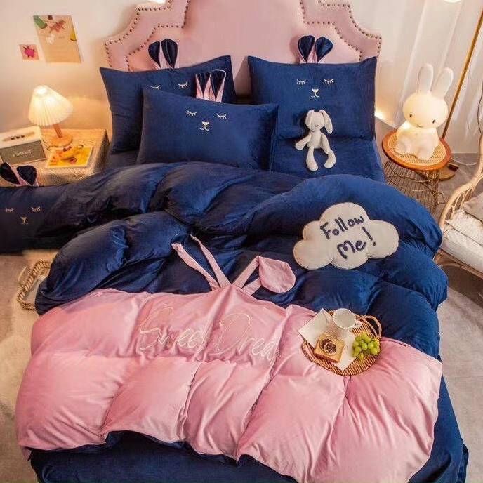 Bộ Chăn Ga Gối Nỉ Nhung Tai Thỏ Cao Cấp