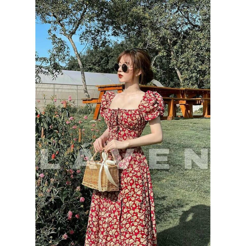 Đầm hoa maxi cổ vuông tay phồng xẻ tà siêu xinh