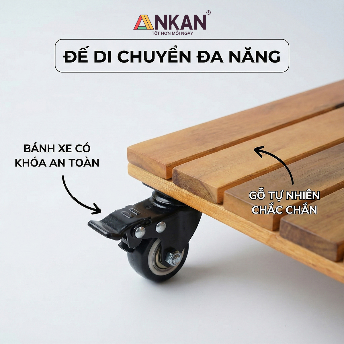 Đế Gỗ Di Chuyển Chậu Cây ANKAN 45x45cm - Bánh Xe 360 Độ Có Khóa, Gỗ Tự Nhiên Chịu Lực Tốt