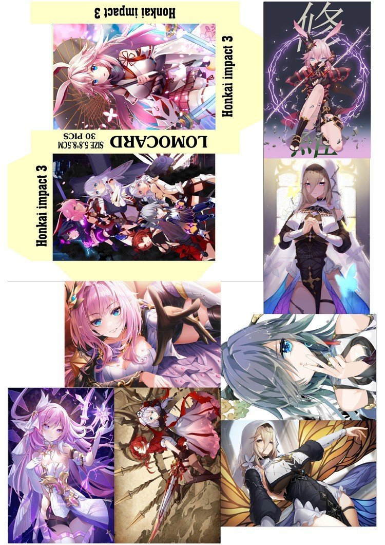 Ảnh thẻ card 23 tấm ép lụa in hình Honkai impact 3 ép lụa khác nhau/ thẻ card Honkai impact 3