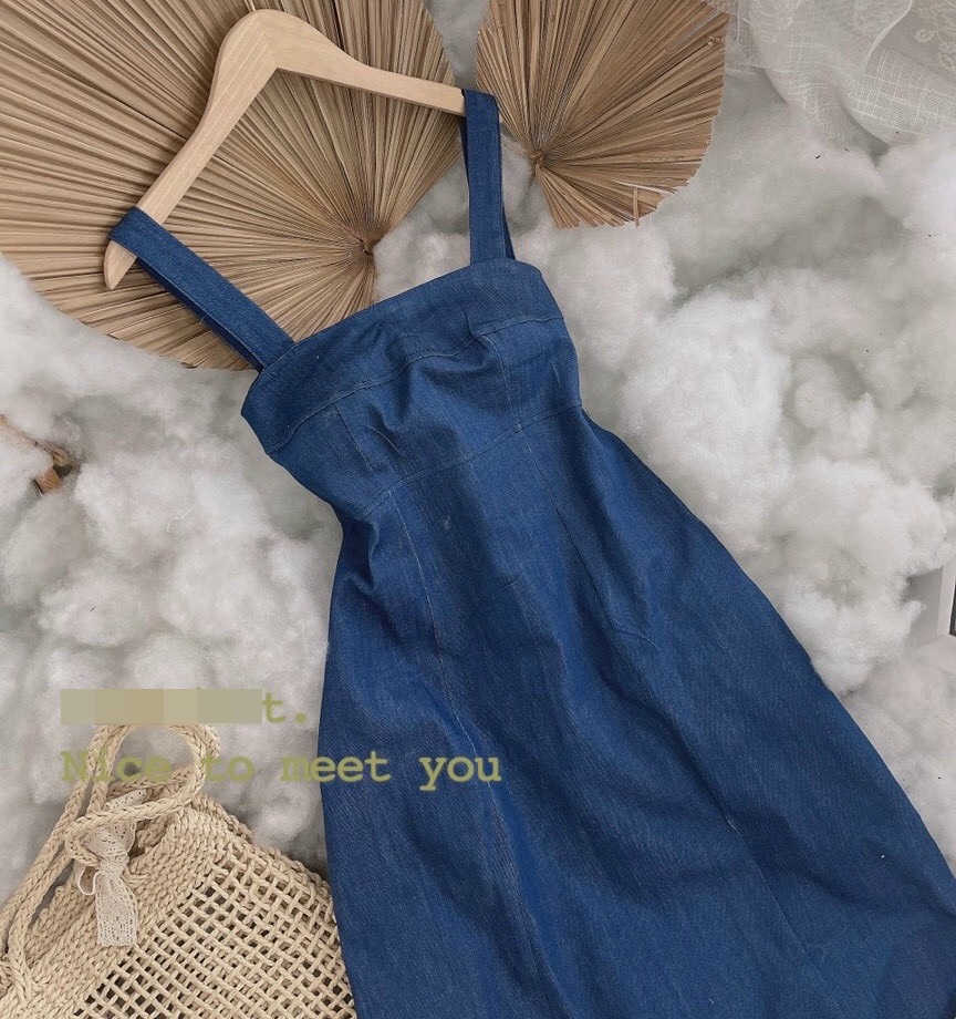 ĐẦM DÂY DENIM JEANS MIDI DÀI SUÔNG TRƠN HAI DÂY CỔ U DẠO PHỐ ĐI BIỂN DỰ TIỆC