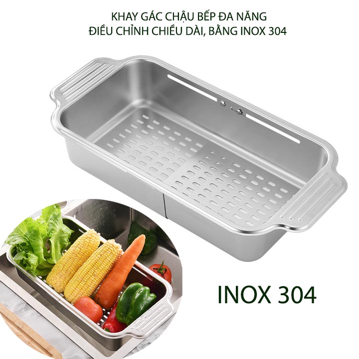 Khay rổ inox 304 gác chậu bếp thông minh xếp gọn, để đồ đa năng