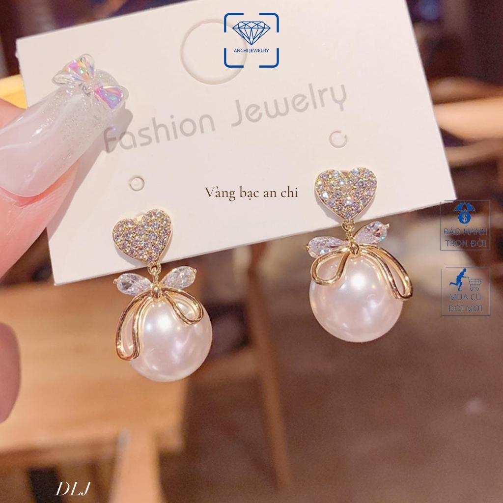 Bông tai dự tiệc sang chảnh,Hoa tai bạc gắn hạt trai đính nơ dễ thương,Anchi jewlery