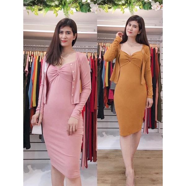 F497 Đầm ôm body 2 dây xoắn ngực kèm áo khoác